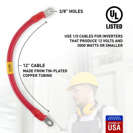 Exell Battery AWG #1/0 Red Battery Interconnect Cable 12" with 3/8" Lugs BIC-10AWGRED12